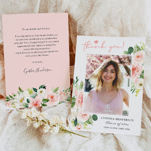 Blush Pink Floral Girl Grad Graduation Photo Thank You Card