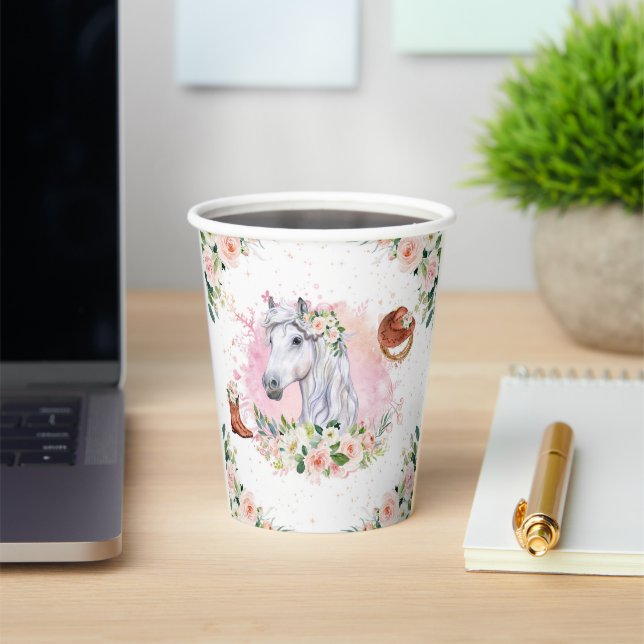 Blush Pink Floral Girl Horse Birthday Party Paper Cups (Insitu)