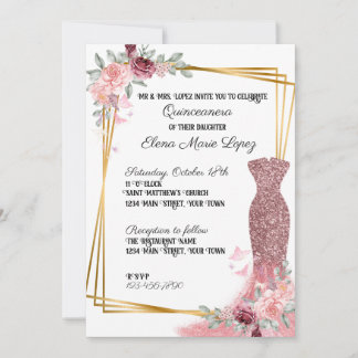 Blush Pink Floral Girly Quinceanera  Invitation