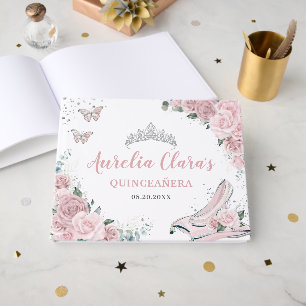 Blush Pink Floral Glass Slipper Quinceañera XV 16 Guest Book