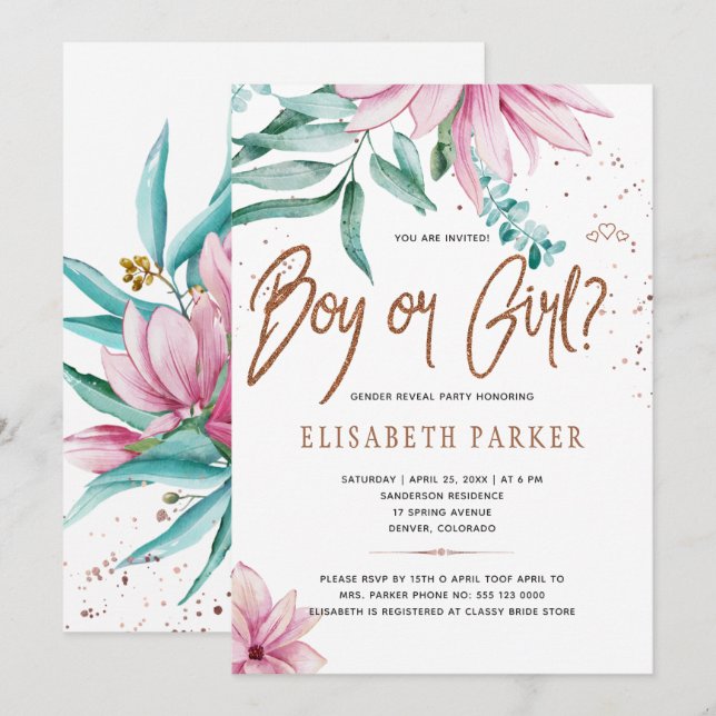 Blush pink floral glitter baby gender reveal party invitation (Front/Back)