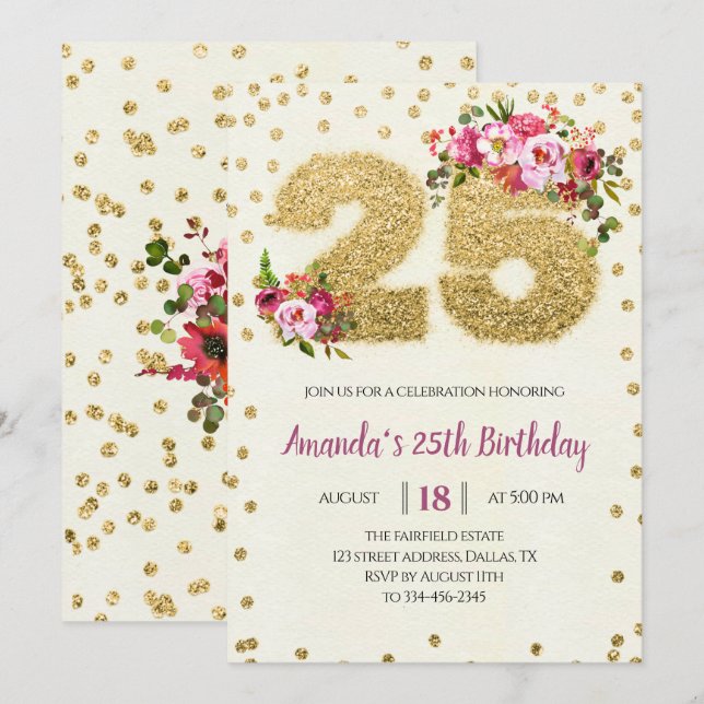 Blush Pink Floral Gold 25th Birthday Invitation (Front/Back)