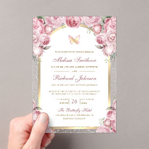 Blush Pink Floral Gold Arch Butterfly Wedding Acrylic Invitations
