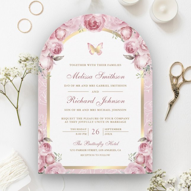 Blush Pink Floral Gold Arch Butterfly Wedding Invitation (Creator Uploaded)