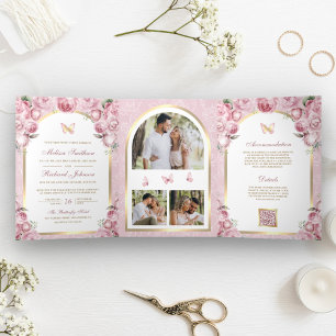 Blush Pink Floral Gold Arch Butterfly Wedding Tri-Fold Invitation
