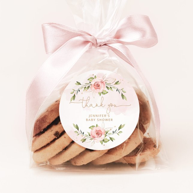 Blush pink floral gold baby shower thank you classic round sticker (Creator Uploaded)