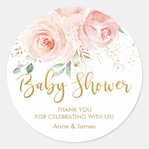 Blush Pink Floral Gold Baby Shower Thank You Favou Classic Round Sticker