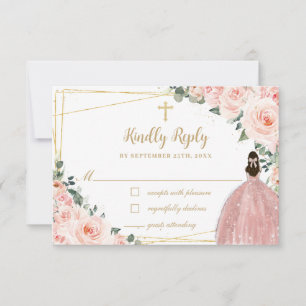Blush Pink Floral Gold Baptism Christening Reply RSVP Card