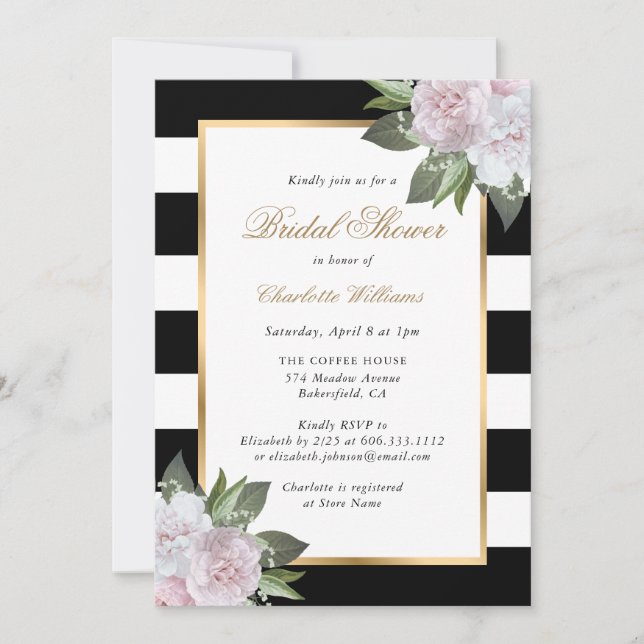 Blush Pink Floral Gold Black White Bridal Shower Invitation (Front)
