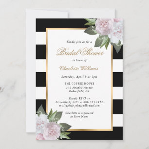 Blush Pink Floral Gold Black White Bridal Shower Invitation