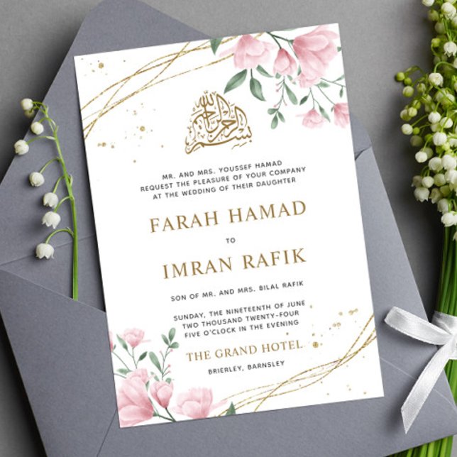 Blush Pink Floral Gold Border Muslim Wedding Invitation (Creator Uploaded)