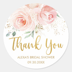 Blush Pink Floral Gold Bridal Baby Shower Favour Classic Round Sticker
