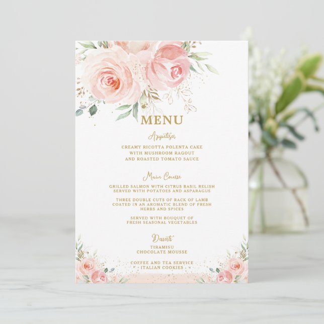 Blush Pink Floral Gold Bridal Baby Shower Menu (Standing Front)