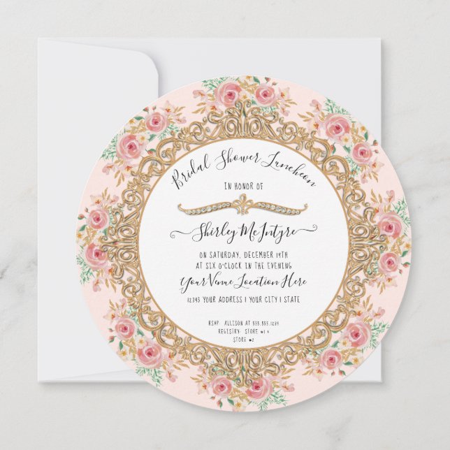 Blush Pink Floral Gold Bridal Shower Luncheon Invitation (Back)