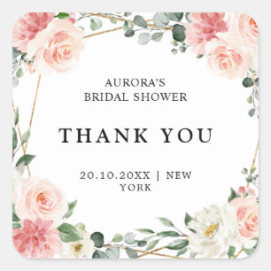 Blush Pink Floral Gold  Bridal Shower Thank You Square Sticker