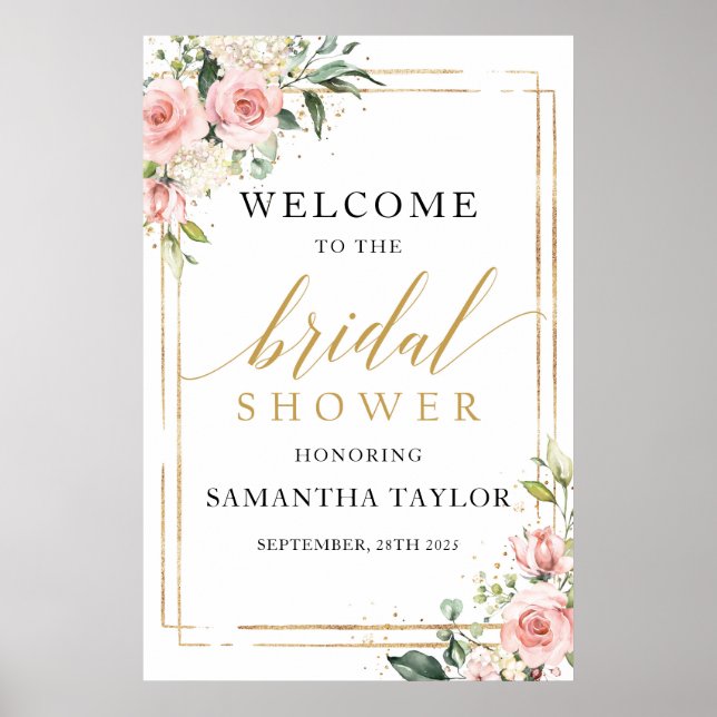 Blush pink floral gold bridal shower welcome sign (Front)