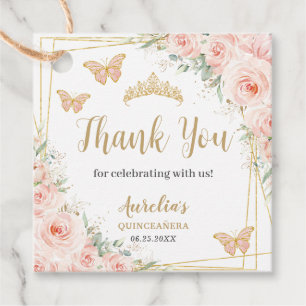 Blush Pink Floral Gold Butterfiles Quinceanera Favour Tags