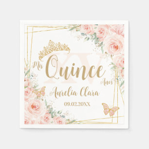 Blush Pink Floral Gold Butterfiles Quinceanera XV  Napkin