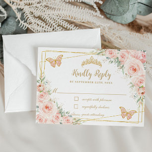 Blush Pink Floral Gold Butterflies Quinceañera RSVP Card