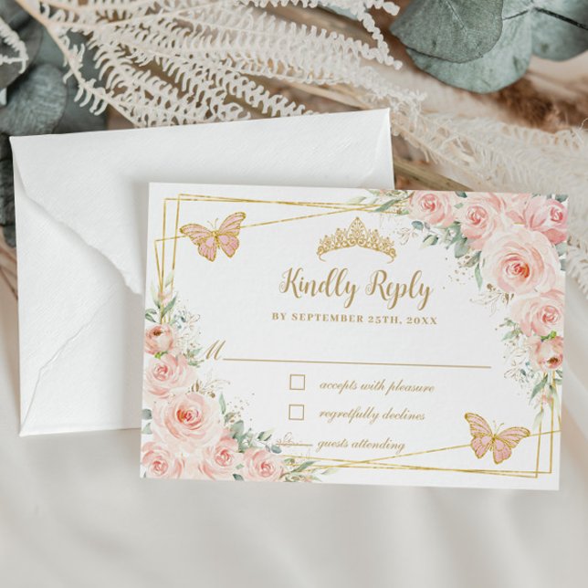 Blush Pink Floral Gold Butterflies Quinceañera  RSVP Card (Creator Uploaded)