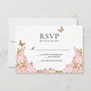 Blush Pink Floral Gold Butterfly Quinceanera RSVP Card