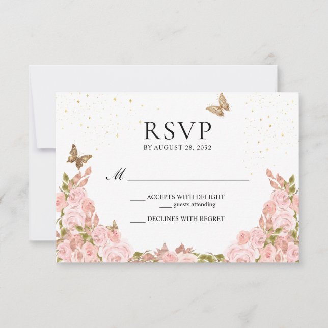 Blush Pink Floral Gold Butterfly Quinceanera RSVP Card (Front)