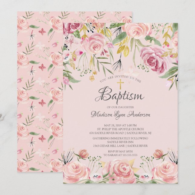 Blush Pink Floral Gold Cross Baptism Invitation (Front/Back)