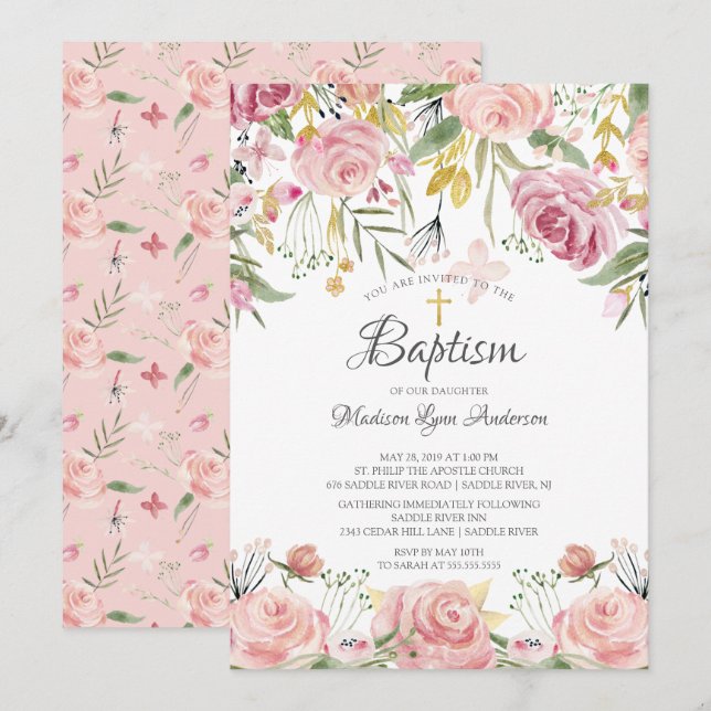 Blush Pink Floral Gold Cross Baptism Invitation (Front/Back)