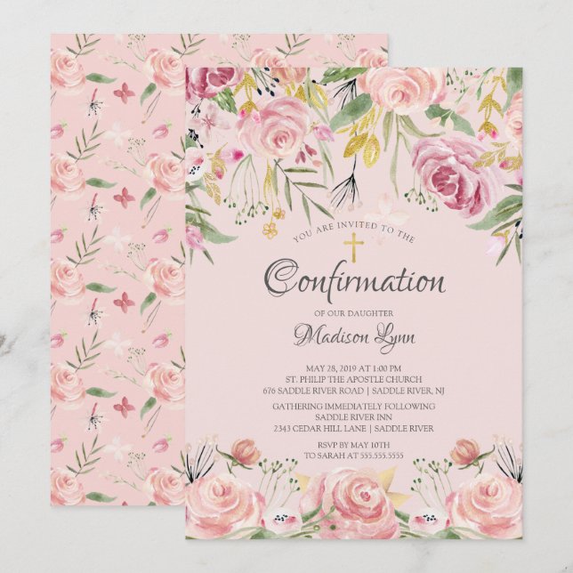 Blush Pink Floral & Gold Cross Confirmation Invitation (Front/Back)