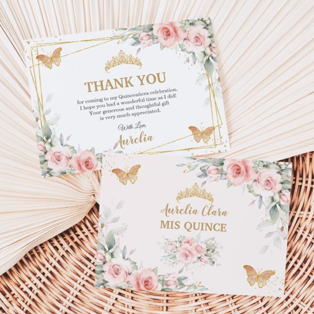 Blush Pink Floral Gold Crown Quinceañera Butterfly Thank You Card (blush-pink-floral-butterflies-quinceanera-sweet-16-birthday-thank-you-cards-digital-files)