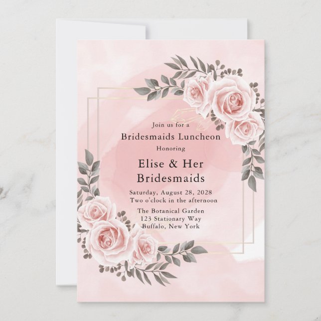 Blush Pink Floral Gold Crystal Bridesmaids Lunch Invitation (Front)