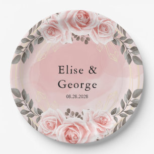 Blush Pink Floral Gold Crystal Geometric Wedding Paper Plate
