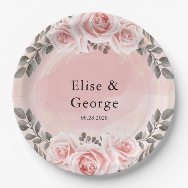 Blush Pink Floral Gold Crystal Geometric Wedding Paper Plate (Front)