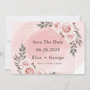 Blush Pink Floral Gold Crystal Save The Date Invitation