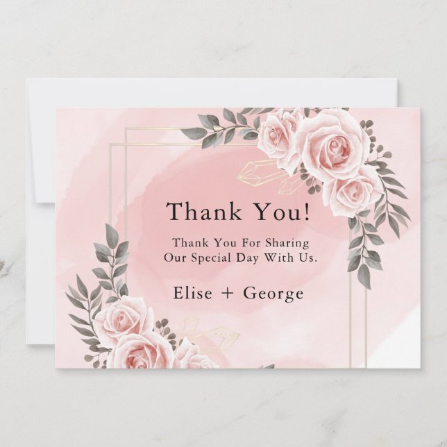 Blush Pink Floral Gold Crystal Thank You Card (Front)