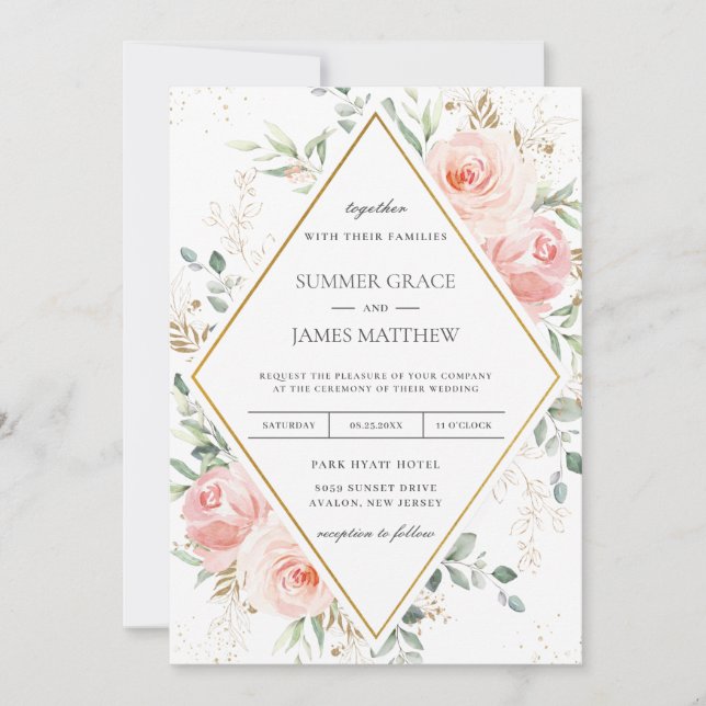 Blush Pink Floral Gold Diamond Geometric Wedding  Invitation (Front)