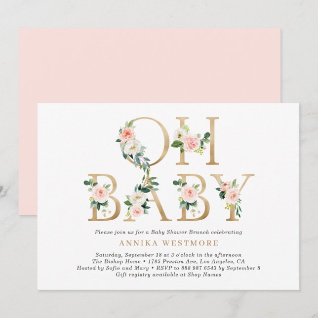 Blush Pink Floral Gold Foil Letters Baby Shower Invitation (Front/Back)