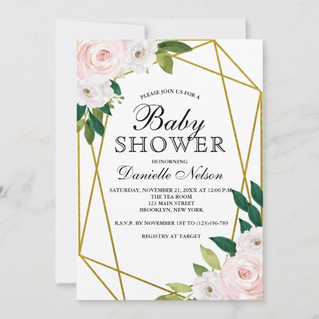 Blush Pink Floral Gold Frame Baby Shower Invitation (Front)