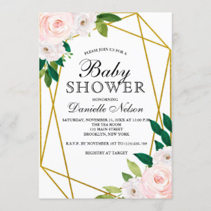 Blush Pink Floral Gold Frame Baby Shower Invitation