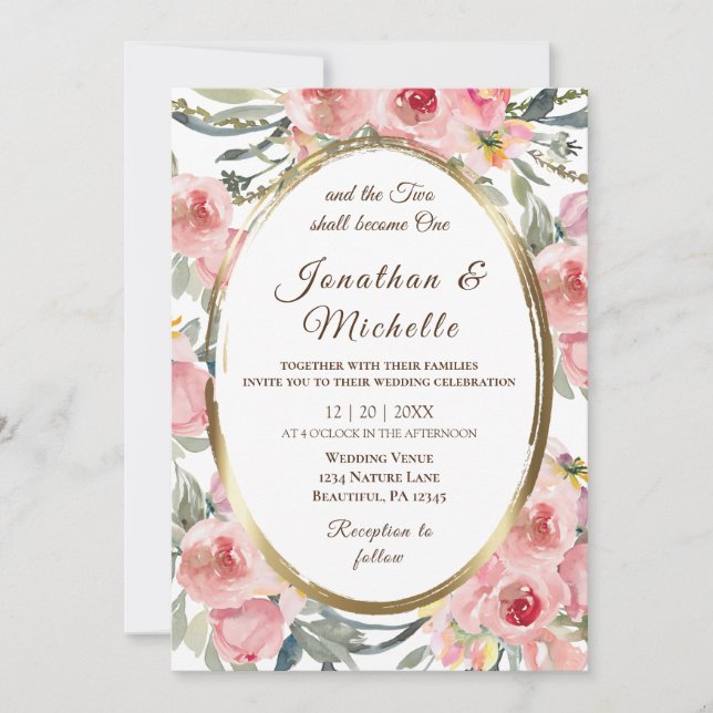 Blush Pink Floral Gold Frame Christian Wedding Invitation (Front)