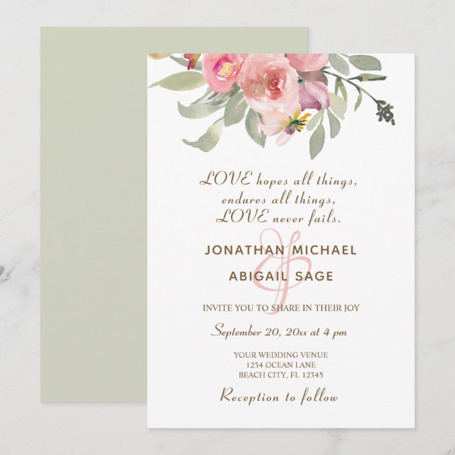 Blush Pink Floral Gold Frame Christian Wedding Invitation (Front/Back)