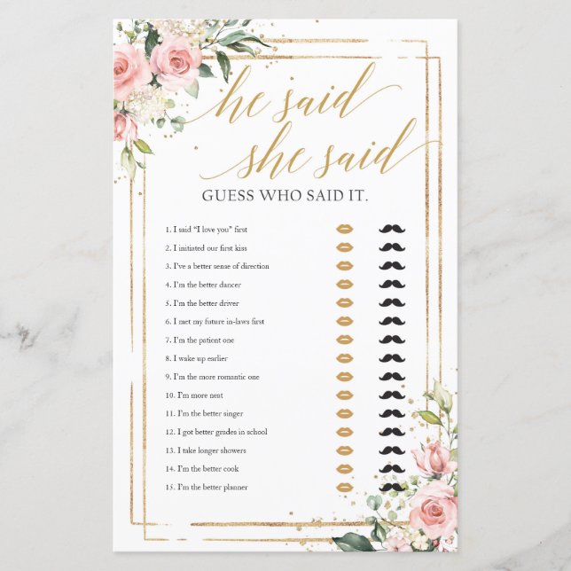Blush pink floral gold frame he said she said game (Front)