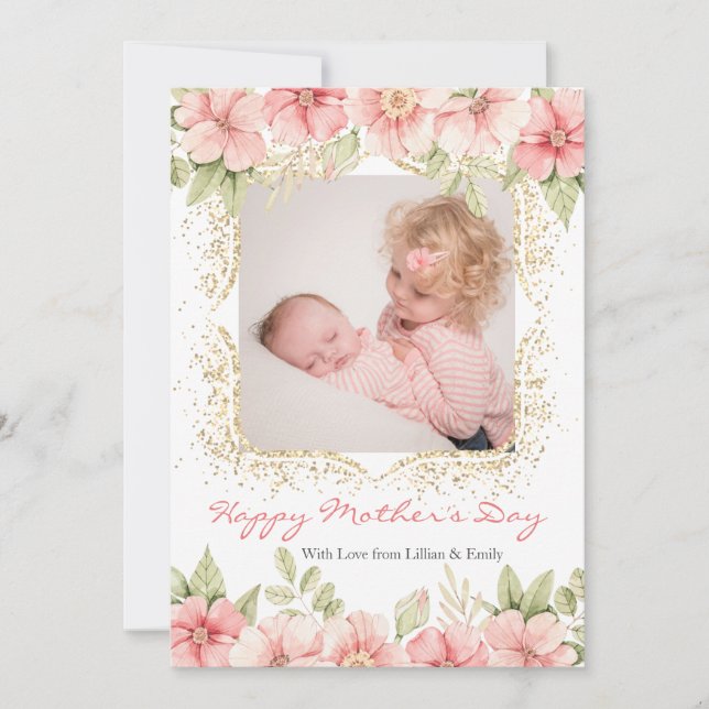 Blush Pink Floral Gold Frame Mother's Day Photo Holiday Card (Front)