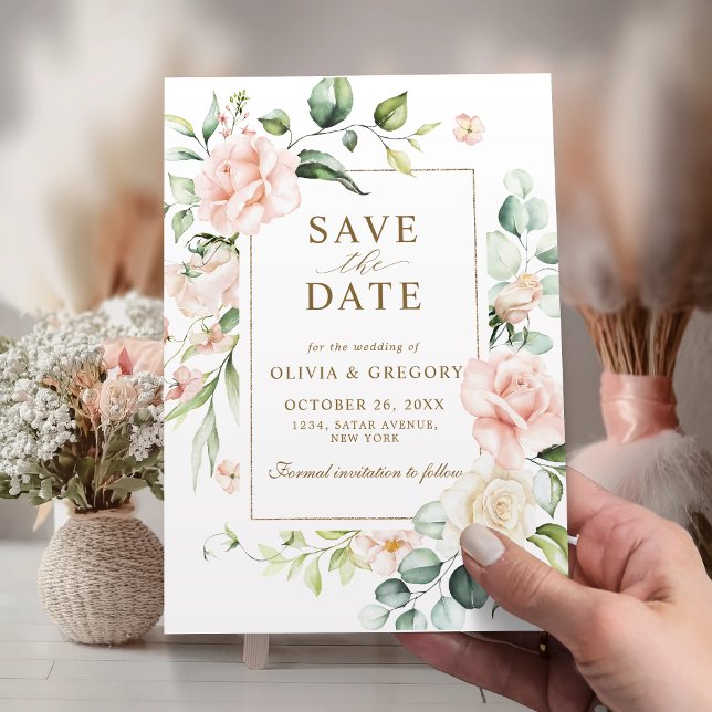 Blush Pink Floral Gold Frame Save The Date (Creator Uploaded)