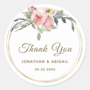 Blush Pink Floral Gold Frame Thank You Wedding Classic Round Sticker