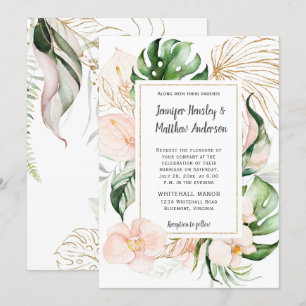 Blush Pink Floral Gold Frame Tropical Wedding Invitation