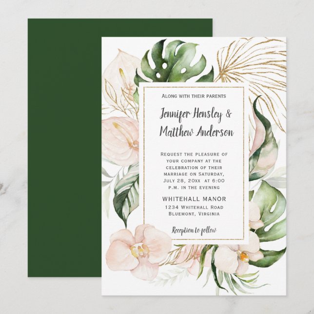 Blush Pink Floral Gold Frame Tropical Wedding Invitation (Front/Back)