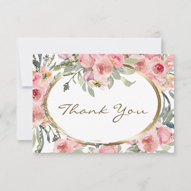 Blush Pink Floral Gold Frame Wedding Thank You Card (Front)