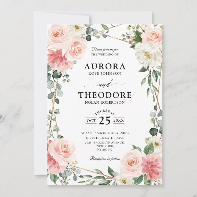 Blush Pink Floral Gold Geometric Botanical Wedding Invitation (Front)