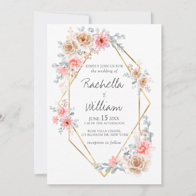 Blush Pink Floral Gold Geometric Botanical Wedding Invitation (Front)